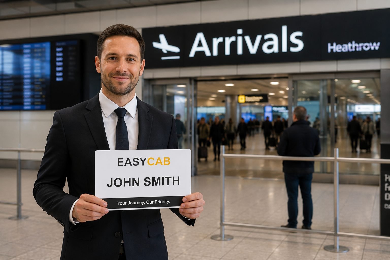 EasyCab driver meeting a passenger in Kingston to Heathrow arrivals with a name board